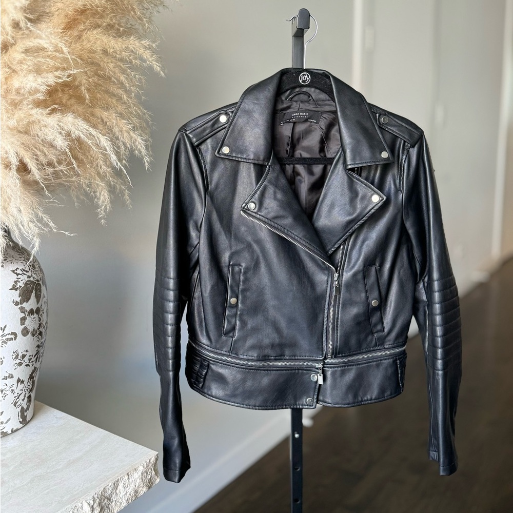 Zara Basic Outerwear Faux Leather Moto Jacket with Silver Hardware